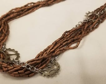 Copper Tube and Silver Gears Steampunk Necklace - Post Apocalyptic Jewelry - Industrial Style