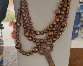 Antique Key Steampunk Multi-strand Necklace - Copper Chain and Faux Pearls