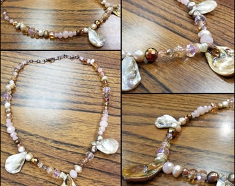 Rosy Maple Moth Necklace - Pearl, Shell, and Bead Choker