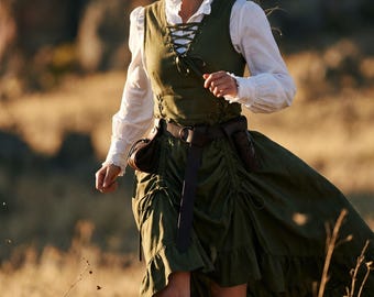 Steampunk Adventurer Costume Set | Green Lace-Up Corset Dress, Victorian Ruffled Blouse & Holster Belt | Renaissance Faire LARP Outfit