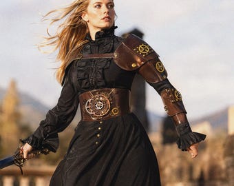 Women's Steampunk LARP Costume Set: Black Victorian Dress with Brown Leather Gear Belt, Pauldron, Gauntlet. Gothic Cosplay.