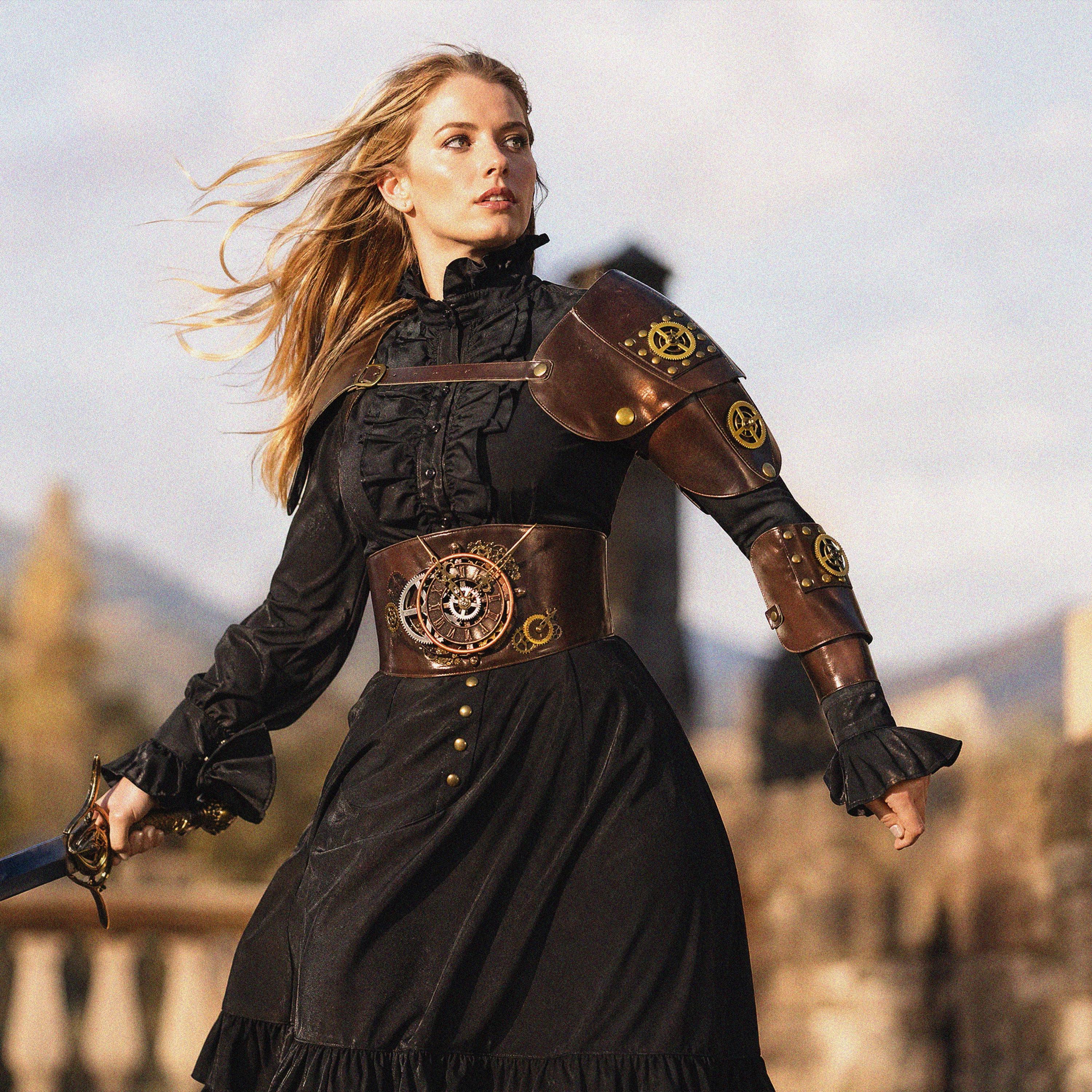バッジ5点 Buy Women's Steampunk LARP Costume Set: Black Victorian Dress With