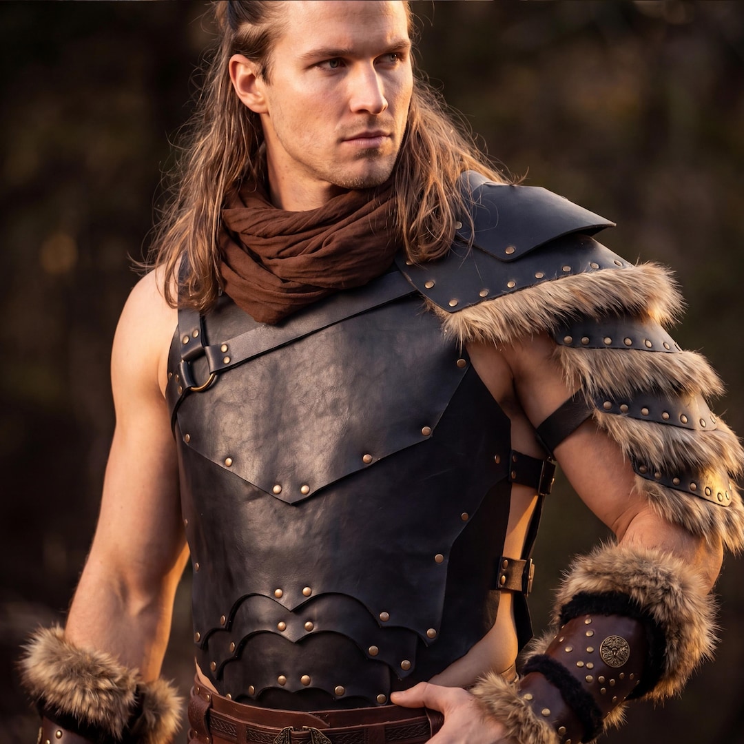 Full Viking Warrior LARP Costume Set Men's Norse Leather Armor & Fur ...