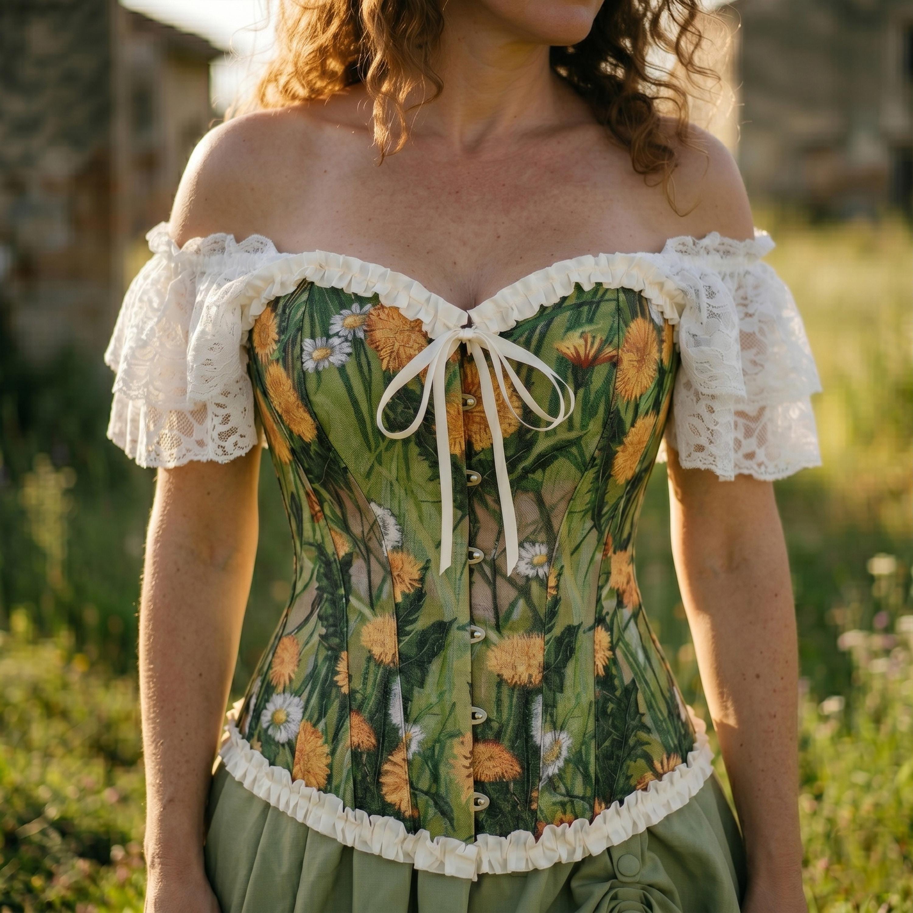 Cottagecore Fairy Dress Set | Green Floral Corset, Lace Chemise & Skirt ...