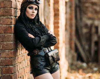 Steampunk Aviator Costume Set Women | Dieselpunk Airship LARP Outfit | Black Ruffled Shirt, Faux Leather Shorts, Pilot Hat & Goggles