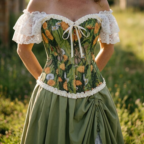 Cottagecore Fairy Dress Set | Green Floral Corset, Lace Chemise & Skirt | Renaissance Faire Peasant Maiden Costume | LARP Outfit