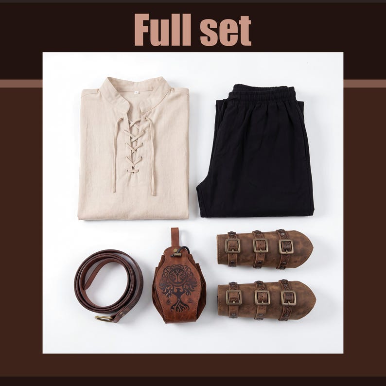 May include: A full set of medieval-style clothing and accessories. Includes a beige linen shirt with a lace-up front, black pants, a brown leather belt, a leather pouch with a tree of life design, and two brown leather arm guards. The text "Full set" is at the top.