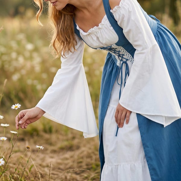Cottagecore-Mädchenkleid-Set | Weißes Hemdchen & blaues, geblümtes Schnürkorsett | Renaissance-Bauernkostüm | Fairycore LARP