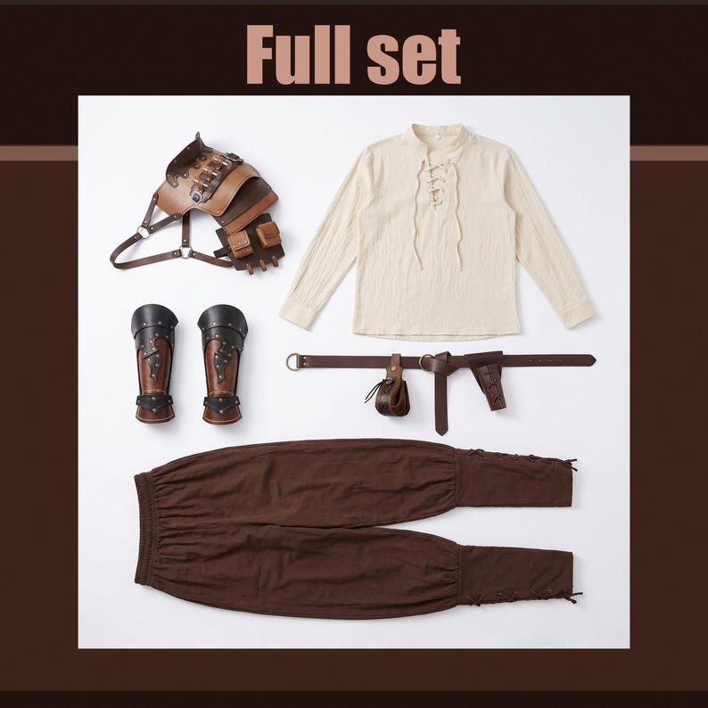 May include: A full set of medieval-themed clothing and accessories, including a cream-colored long-sleeved shirt, brown pants, a belt with a pouch, and brown leather armor. The words "Full set" are at the top.