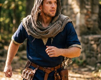 LARP Ranger Alchemist Costume Men | Blue Tunic, Hooded Scarf Cowl & Leather Potion Belt Set | Medieval Renaissance Outfit