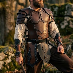 Peut inclure: Armure en cuir marron et noir avec des détails rivetés. Le plastron de style médiéval présente des épaulières superposées et une ceinture assortie. L'armure comprend des brassards et une partie inférieure en forme de jupe.