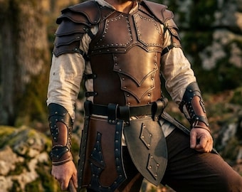 Conjunto completo de armadura de cuero marrón de fantasía / Coraza, hombreras, faldones, brazaletes / Equipo de LARP de guerrero medieval y explorador / Ajustable y hecho a mano