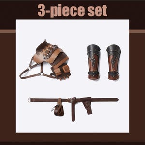 May include: A 3-piece set of brown leather armor, including a shoulder piece with pouches, two arm guards, and a belt with a pouch and holster. The text "3-piece set" is at the top.