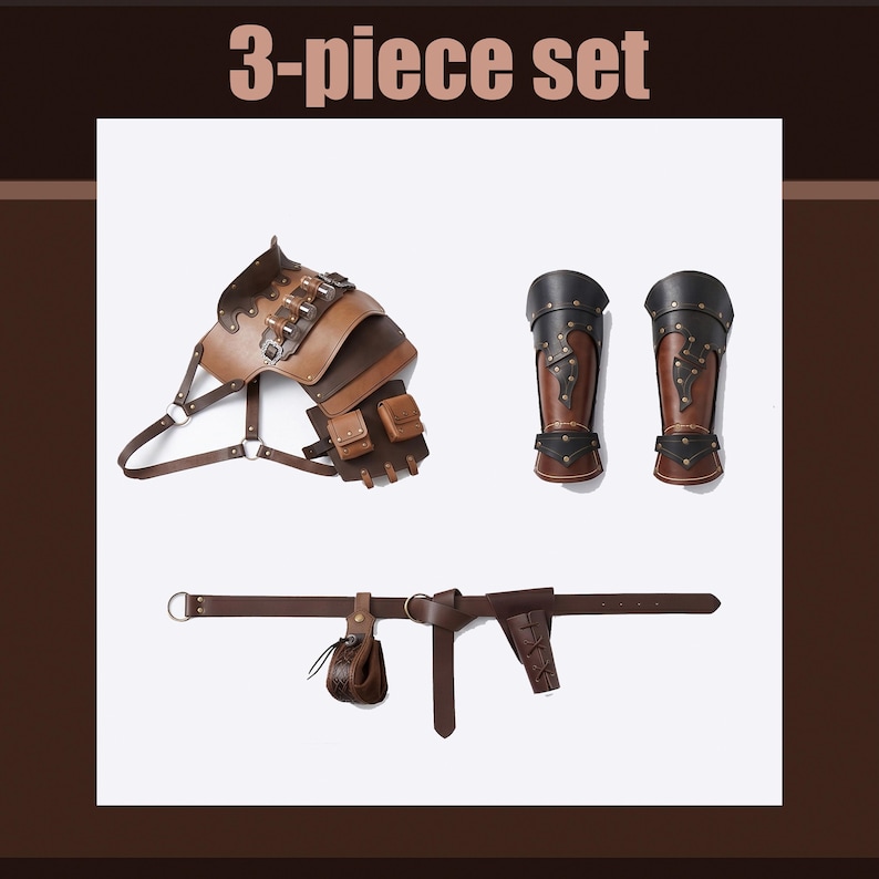 May include: A 3-piece set of brown leather armor, including a shoulder piece with pouches, two arm guards, and a belt with a pouch and holster. The text "3-piece set" is at the top.