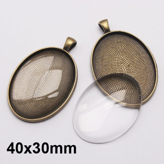 5 Sets Dome Transparent Glass Cabochons and Flower Pendant Settings 40x30mm