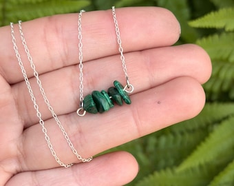 Malachite Bar Necklace | Minimal Boho Sterling Silver Jewellery, 18" Chain