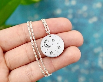 Moon and Stars Necklace | Hand Stamped Pendant, Celestial Minimalist Jewellery Gift