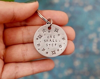 Stamped Keychain - One Small Step | Travel Gift, Travel Keyring, Celestial, Backpack Charm