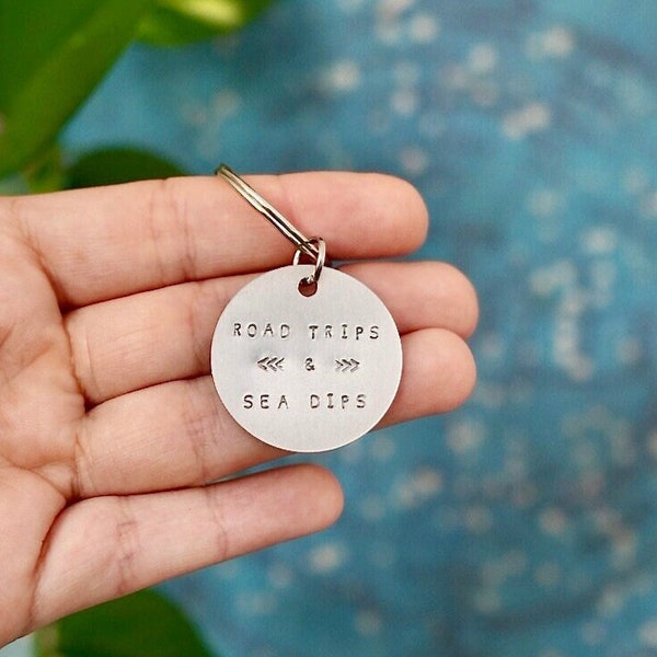 Hand Stamped Keychain - Road Trips & Sea Dips | Travel Gift, Travel Keyring, Road-Trip Gift, Backpack Charm