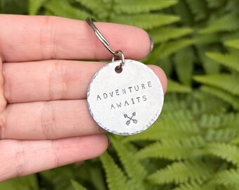 Stamped Keychain | Adventure Awaits Zipper Pull, Travel Gift