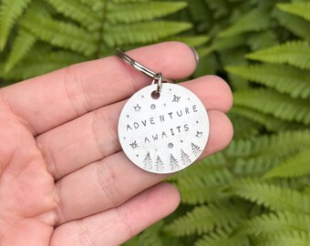 Hand Stamped Keychain | Adventure Awaits Zipper Pull, Travel Gift