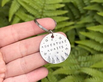 Hand Stamped Keychain | Adventure Awaits Zipper Pull, Travel Gift