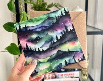 Aurora Borealis Watercolor Card | Northern Lights Greetings Card