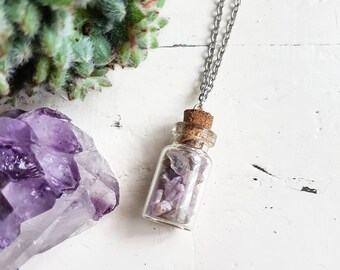 Amethyst Necklace // Amethyst Jewellery // Crystal Necklace // Crystal Jewellery // Glass Bottle Necklace // Purple Necklace