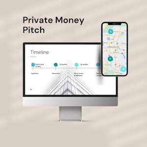 Puede incluir: Un monitor de computadora y un teléfono inteligente muestran una presentación de negocios. El monitor muestra un gráfico de línea de tiempo con fases como "Adquisición" y "Renovación". El teléfono inteligente muestra un mapa de Oklahoma City con marcadores numerados. El título "Private Money Pitch" está en la parte superior.