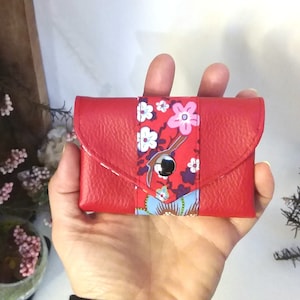 Carteira de origami em imitação de couro vermelho e algodão japonês: armazenamento para cartões e moedas, bolsa vegana
