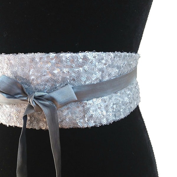 Ceinture OBI à nouer en paillettes grises et taffetas, ceinture femme reversible .