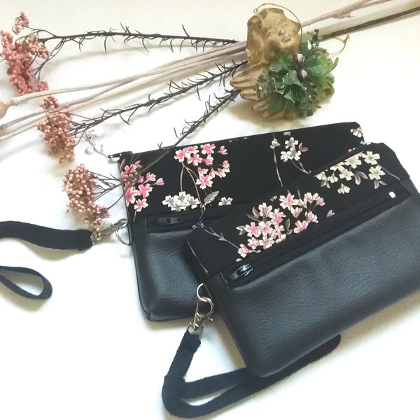 Portefeuille compagnon pochette  femme noir zippé personnalisable en simili cuir et coton japonais, pochette à dragonne