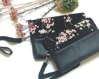 Women's black zipped companion wallet, customizable in imitation leather and Japanese cotton, wrist strap pouch