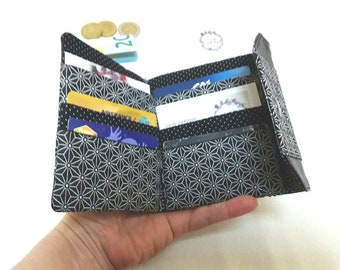 Portefeuille femme en simili cuir noir et coton japonais: porte cartes et porte-monnaie vegan