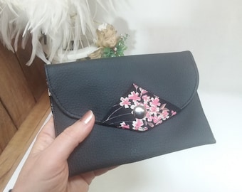 Wallet pouch in black imitation leather and Japanese cotton: coins, cards and papers in the same place!