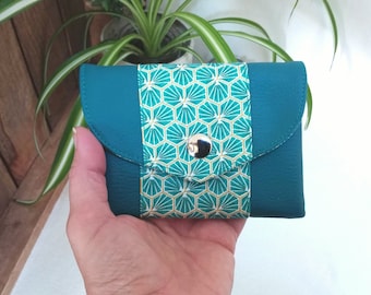 Petit portefeuille complet personnalisable en simili cuir bleu turquoise foncé avec soufflets intérieurs