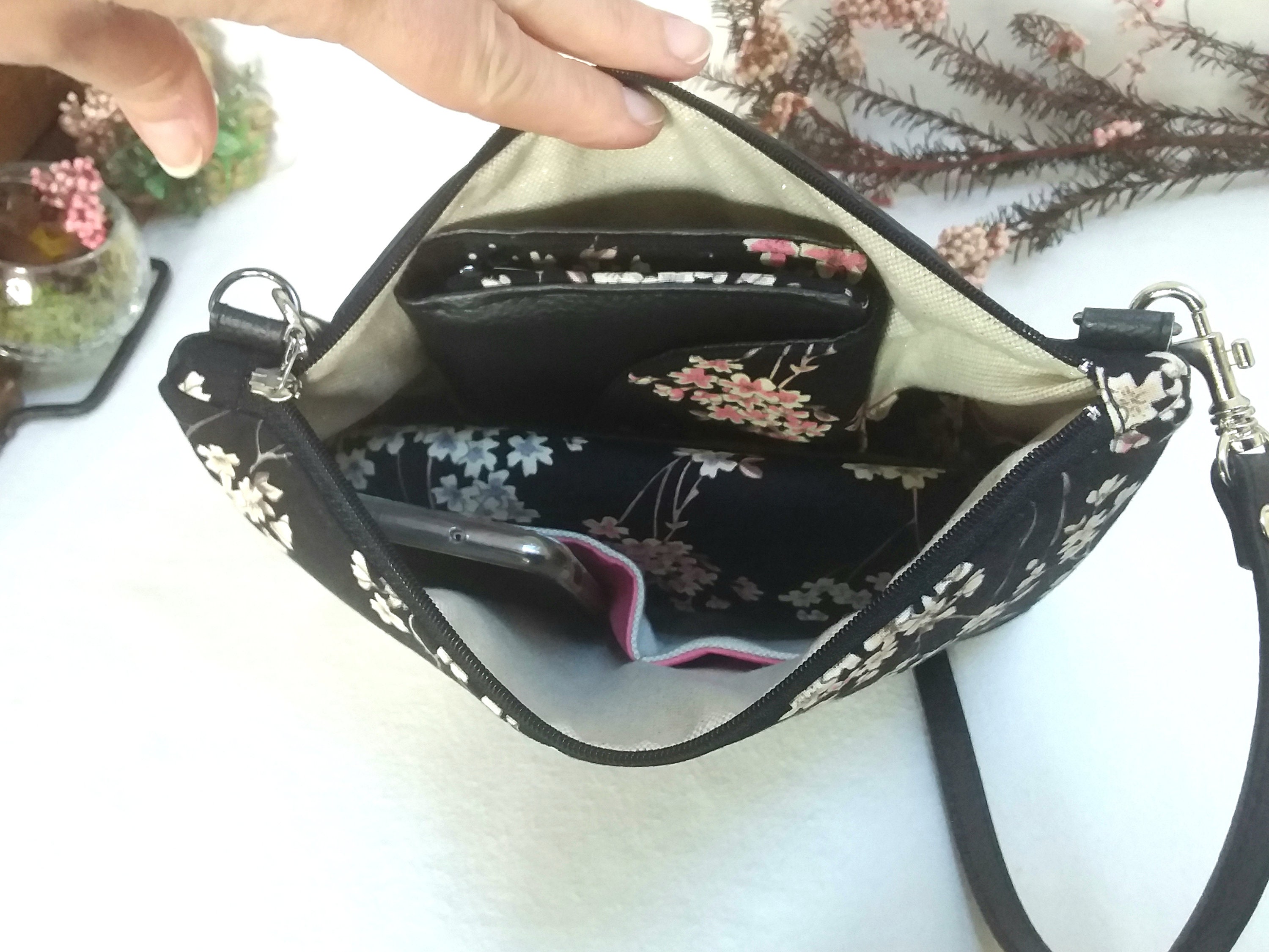 Black and Red Leatherette Shoulder Clutch Bag Cherry Blossom 