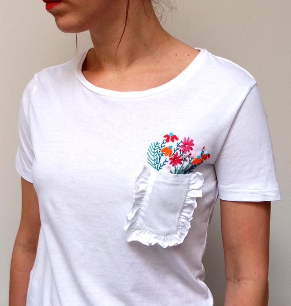 Hand Embroidered Frilled Floral Pocket Bloom T-shirt | Etsy