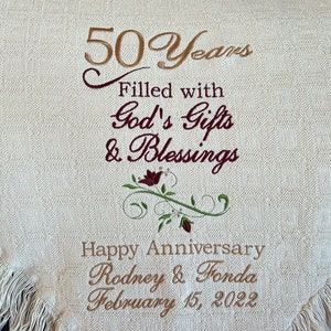 Personalized Anniversary Embroidered Throws and Blankets |  God&#39;s Blessings  | 50th Anniversary Gift for Parents Mother | Golden Anniversary