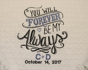 2nd Anniversary Cotton Gift Personalized | Wedding throw | Forever by my Always | Embroidered Throws and Blankets |  Unique Second | Wedding