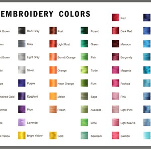 Peut inclure: Un nuancier intitul&eacute; "EMBROIDERY COLORS" pr&eacute;sente une vari&eacute;t&eacute; de couleurs de fil &agrave; broder. Le nuancier comprend des nuances comme le marron fonc&eacute;, le noir et l'or, avec des noms &agrave; c&ocirc;t&eacute; de chaque &eacute;chantillon de couleur. Les couleurs sont dispos&eacute;es en lignes et en colonnes.