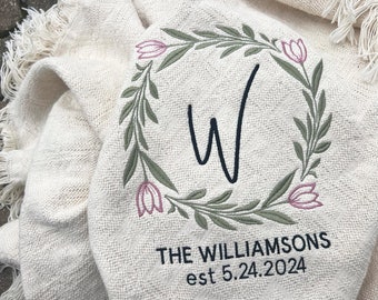 Tulip wedding gift personalized embroidered throws + blankets | custom monogram | personal wedding afghan | last name initial | wedding