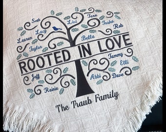 ROOTED in LOVE family tree blanket | custom embroidered throws | grandpa + grandma birthday gift w/ grandchildren | personalized anniversary