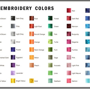 Pu&ograve; includere: Una tabella di colori di filo da ricamo con nomi per ogni colore. I colori sono disposti in righe e colonne. I colori includono rosso, blu navy, foresta, rosso scuro, reale, marrone, grigio, ruggine chiaro, verde, granata, elettrico, marrone chiaro, grigio chiaro, arancione bruciato, pesce, bordeaux, blu scuro, kaki, tortora, argento, arancione, tartaruga, magenta, verde acqua, viola, arancione neon, furn, fucsia, malibu, oro brunito, melanzana, melone, salvia, rosa, blu country, bianco sporco, prugna, pesca, avocado, rosa chiaro, carolina, nero, lavanda, lime, malva chiaro, azzurro, giallo scuro, giallo brillante, oro, spuma di mare, salmone e acquamarina.