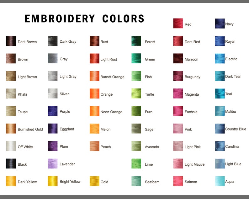Pu&ograve; includere: Una tabella di colori di filo da ricamo con nomi per ogni colore. I colori sono disposti in righe e colonne. I colori includono rosso, blu navy, foresta, rosso scuro, reale, marrone, grigio, ruggine chiaro, verde, granata, elettrico, marrone chiaro, grigio chiaro, arancione bruciato, pesce, bordeaux, blu scuro, kaki, tortora, argento, arancione, tartaruga, magenta, verde acqua, viola, arancione neon, furn, fucsia, malibu, oro brunito, melanzana, melone, salvia, rosa, blu country, bianco sporco, prugna, pesca, avocado, rosa chiaro, carolina, nero, lavanda, lime, malva chiaro, azzurro, giallo scuro, giallo brillante, oro, spuma di mare, salmone e acquamarina.
