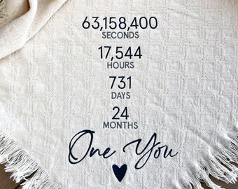 TWO year anniversary shown in SECONDS + Hours | 2nd Anniversary Cotton Gift Personalized | Embroidered Throws Blankets | Second Cotton | USA