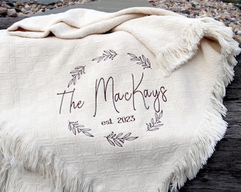 Personalized wedding embroidered throws and blankets w/ LAST NAME | custom embroidered monogrammed  | est. wedding | personal wedding gift