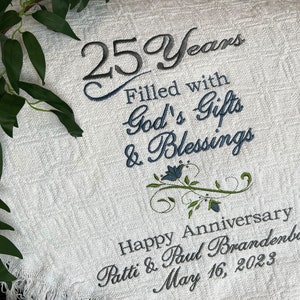 Personalized Anniversary Embroidered Throws and Blankets |  God&#39;s Blessings  | 25th Anniversary Gift for Parents Mother | Silver Anniversary