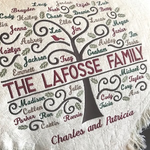 Personalized Family Tree Blanket | Custom Embroidered Family Throws | Blankets | Grandma Gift grandchildren | Anniversary | Grandpa Birthday