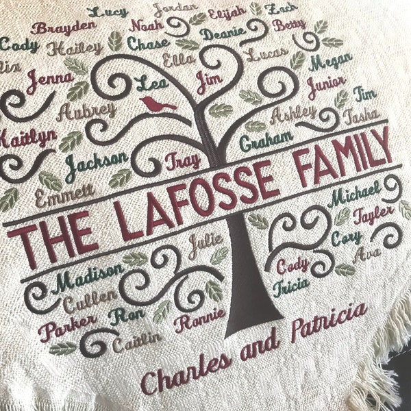 Personalized Family Tree Blanket | Custom Embroidered Family Throws | Blankets | Grandma Gift grandchildren | Anniversary | Grandpa Birthday